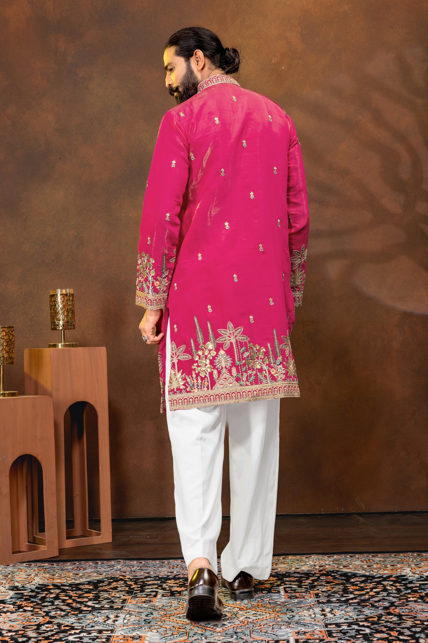 Fuchsia Pink Embroidered Men’s Kurta Set