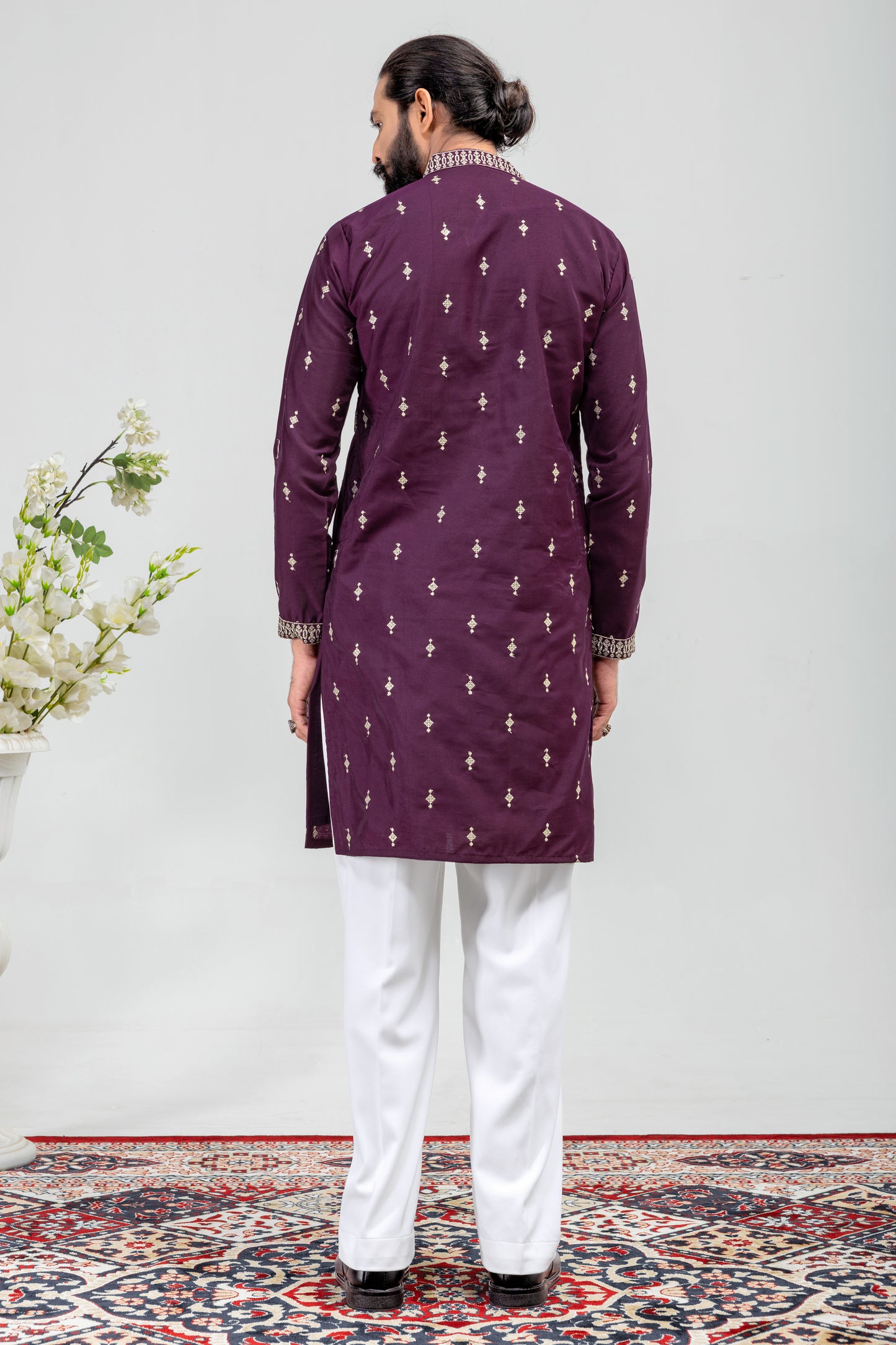 Elegant Plum Embroidered Men’s Kurta Pajama Set
