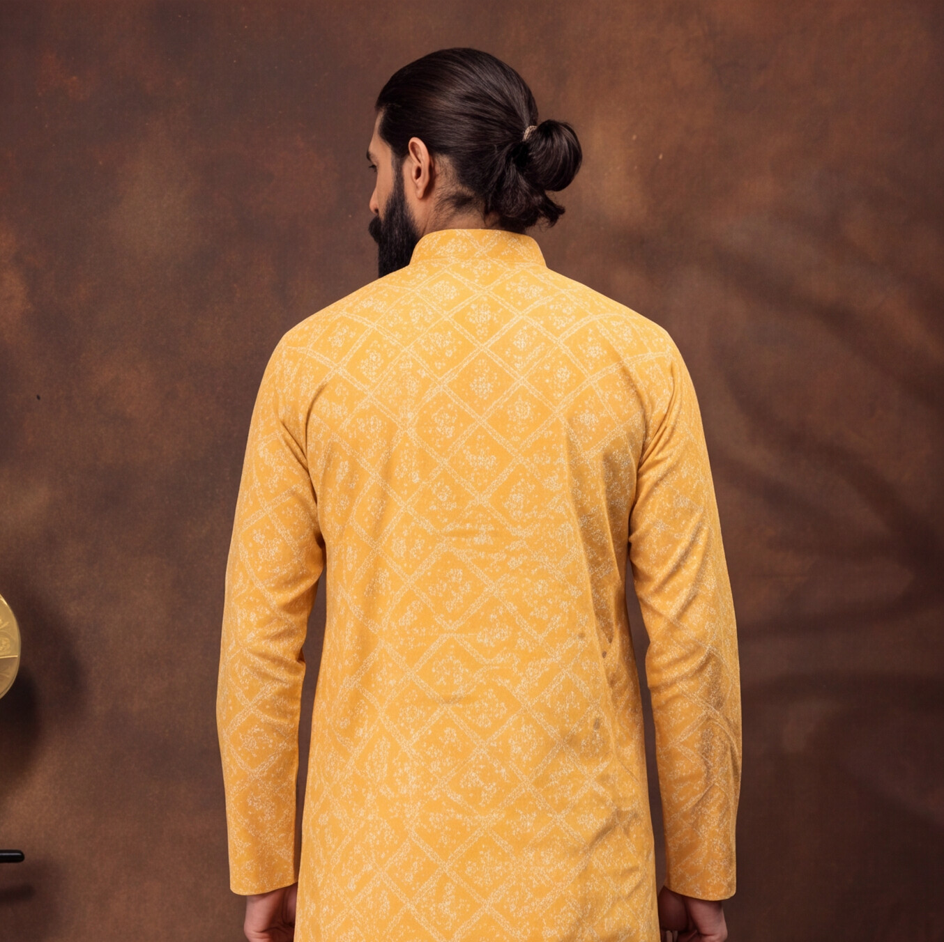 Mustard Gold Geometric Print Men’s Kurta Set