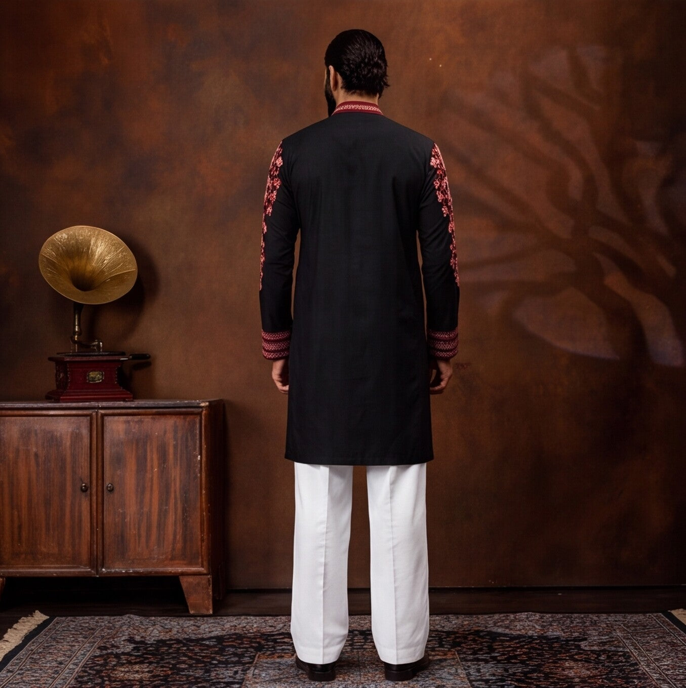 Midnight Black Crimson Floral Embroidered Men’s Kurta Set