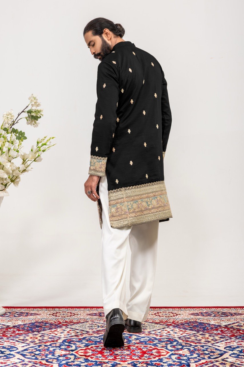 Men's Black Premium Embellished Kurta with White Pants