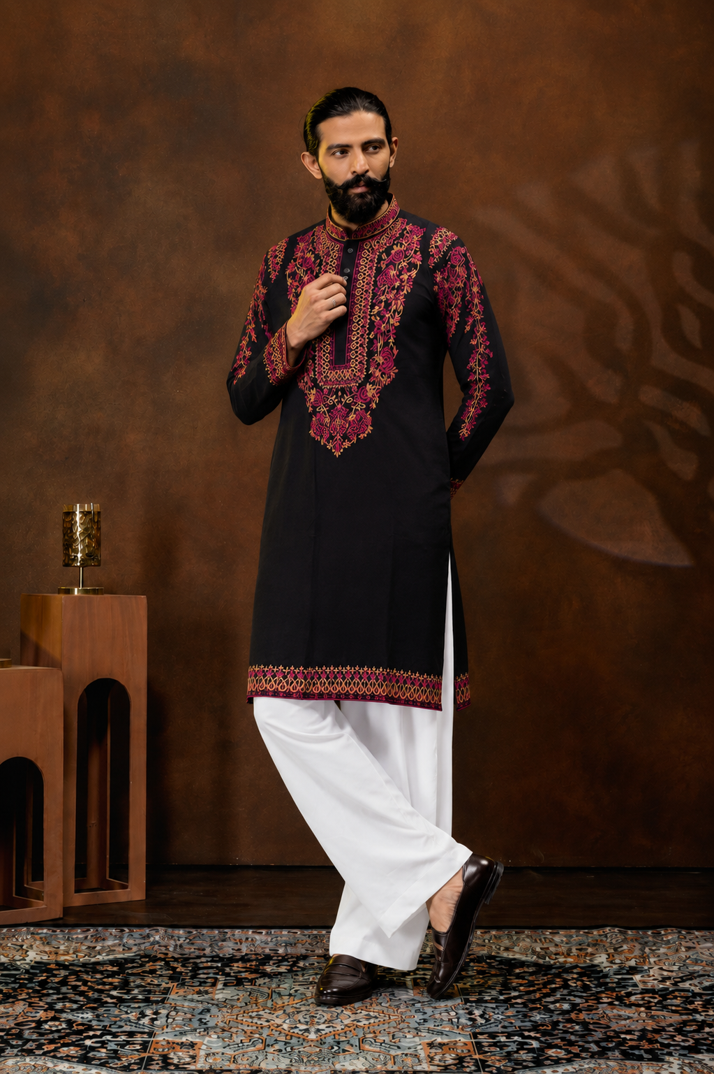Midnight Black Crimson Floral Embroidered
