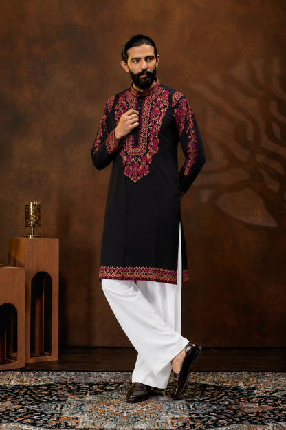 Midnight Black Crimson Floral Embroidered