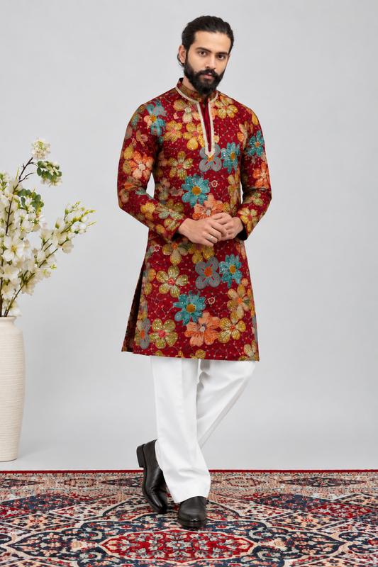 Royal Maroon Floral Printed Men’s Kurta