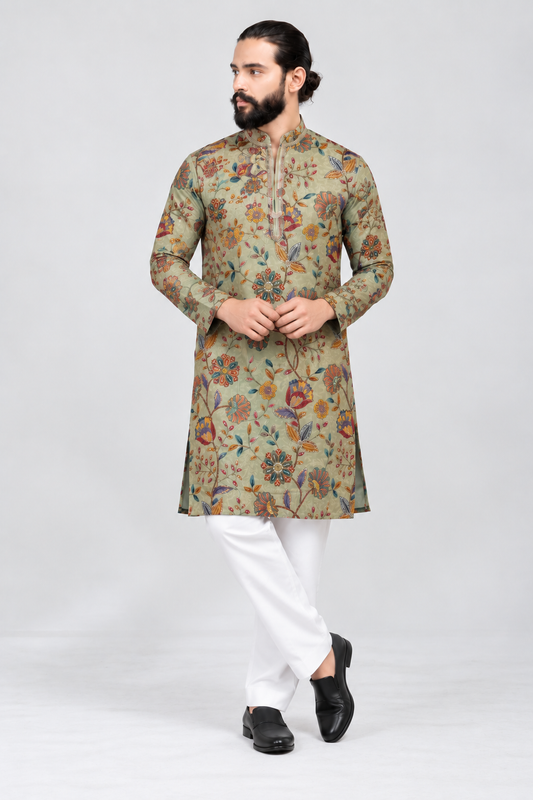 Sage Green Botanical Floral Printed Men’s Kurta