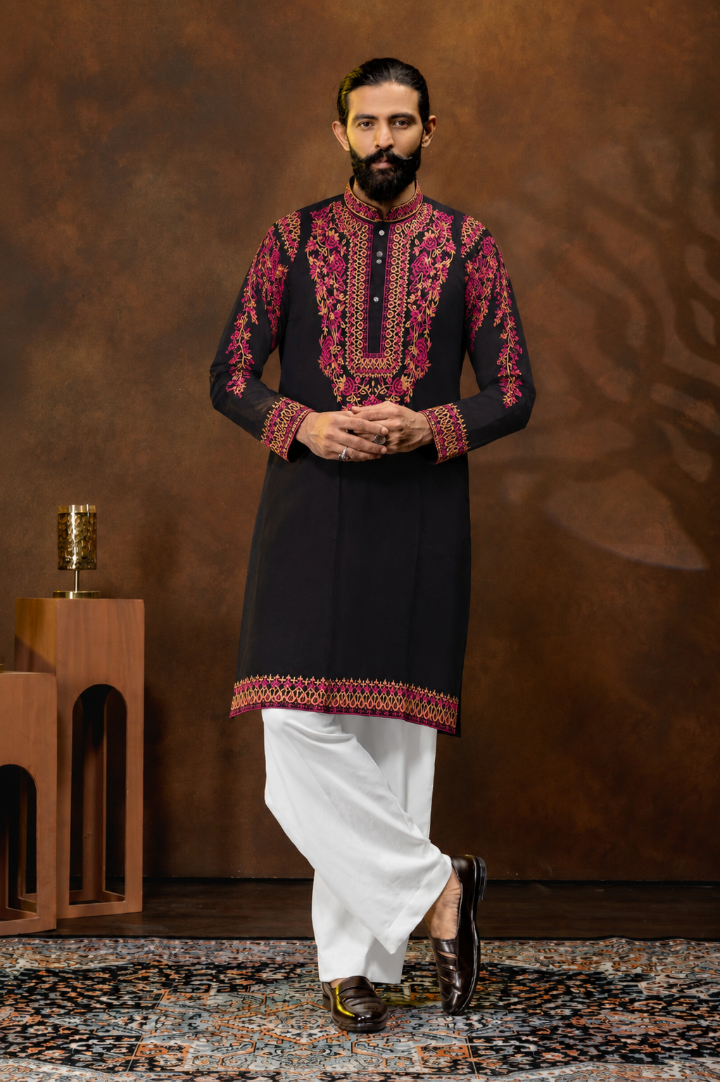 Midnight Black Crimson Floral Embroidered