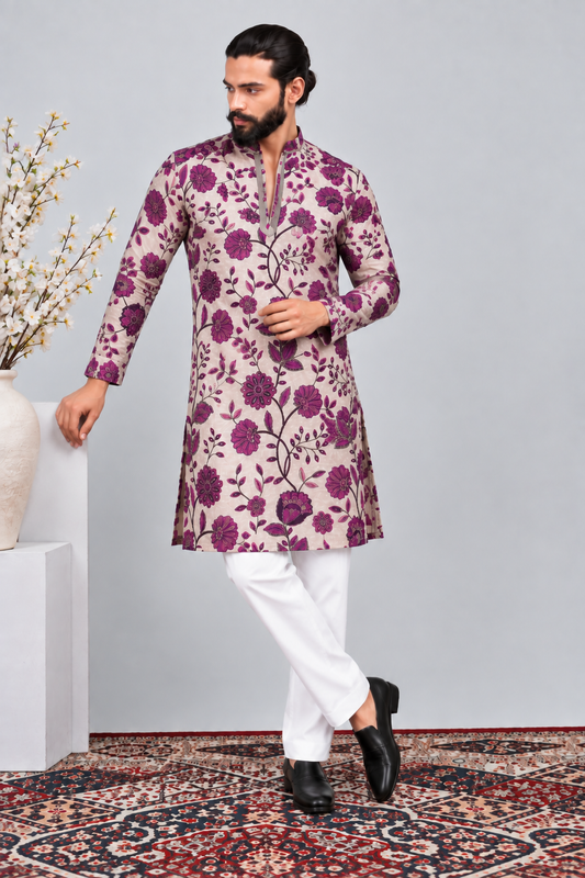 Ivory Wine Floral Printed Men’s Kurta