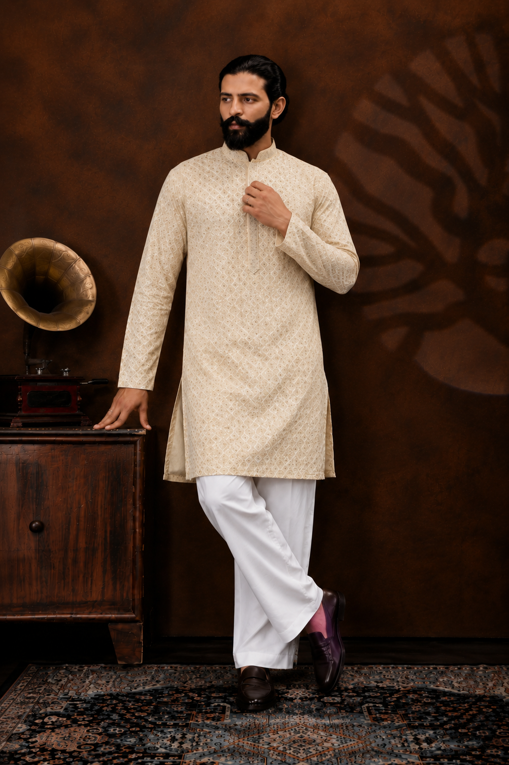 Royal Sand Beige Textured Men’s Kurta