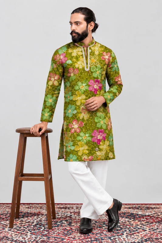 Olive Green Multicolour Floral Printed Men’s Kurta