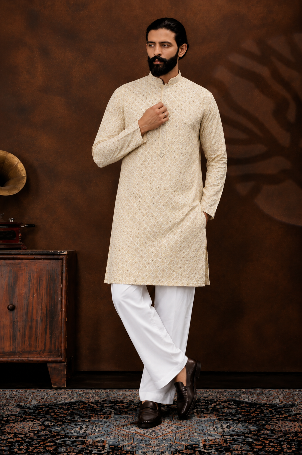 Royal Sand Beige Textured Men’s Kurta
