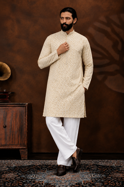 Royal Sand Beige Textured Men’s Kurta