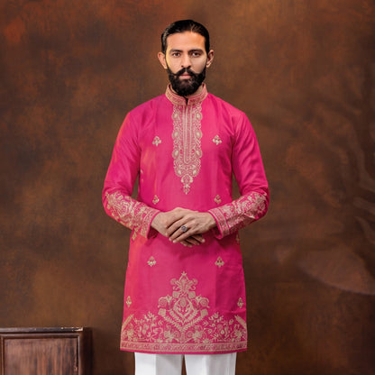 Men's Premium Embroidered Rani Pink Kurta Set