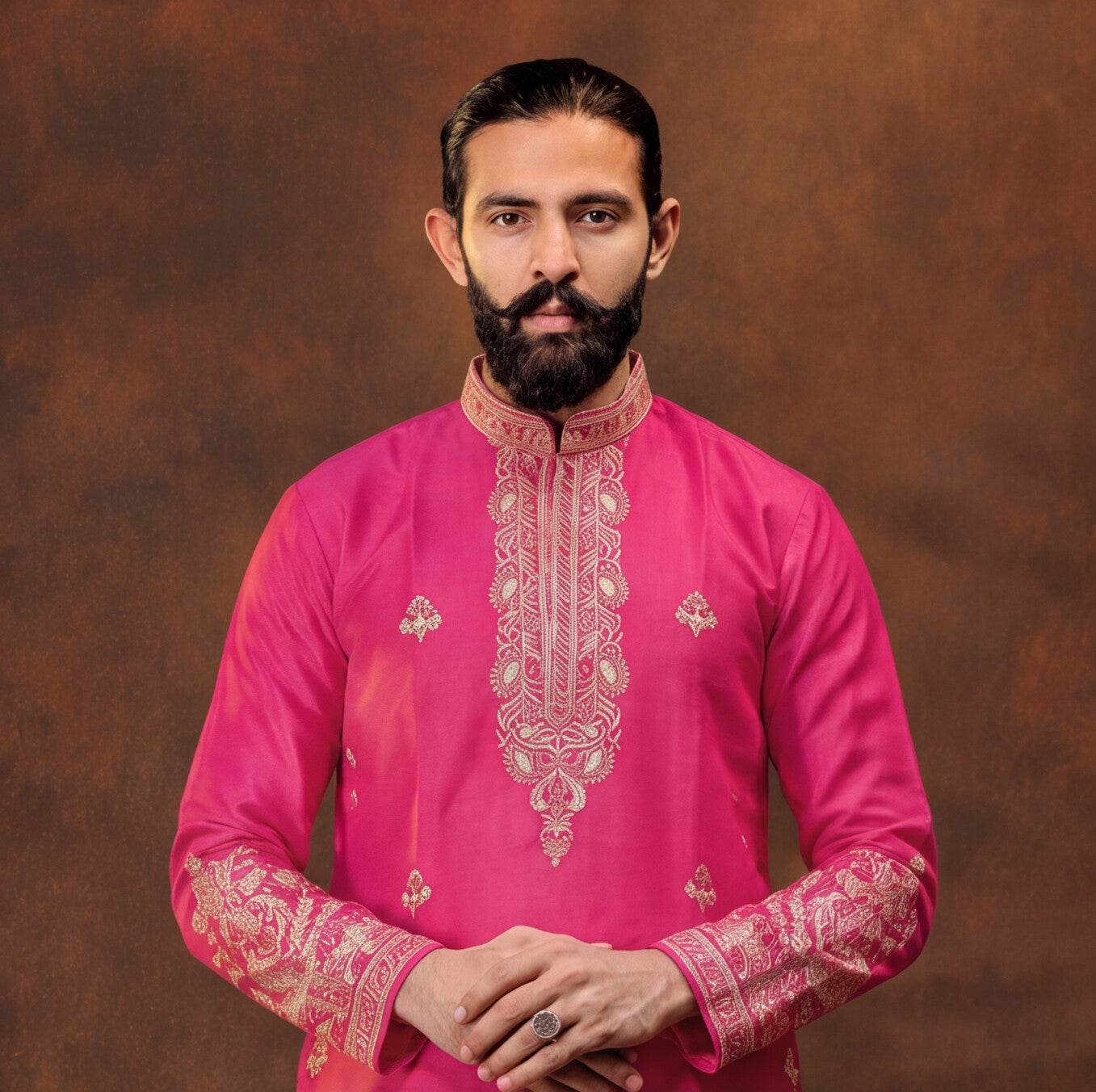 Men's Premium Embroidered Rani Pink Kurta Set
