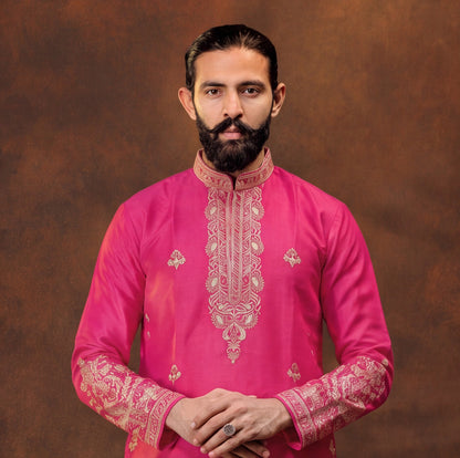 Men's Premium Embroidered Rani Pink Kurta Set