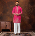 Men's Premium Embroidered Rani Pink Kurta Set