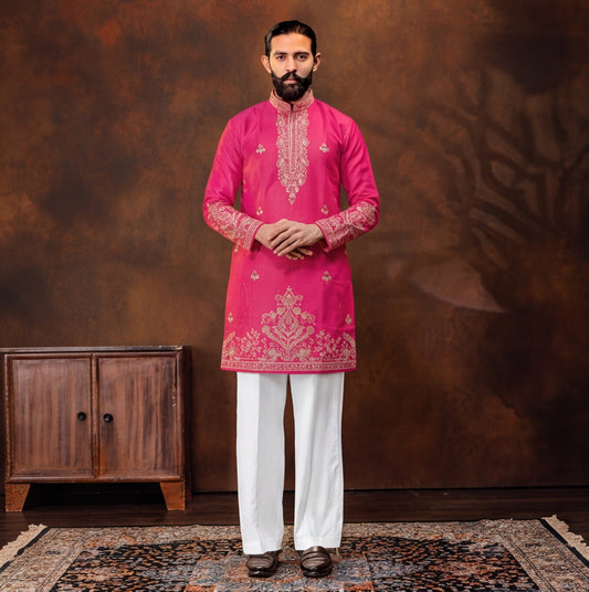 Men's Premium Embroidered Rani Pink Kurta Set