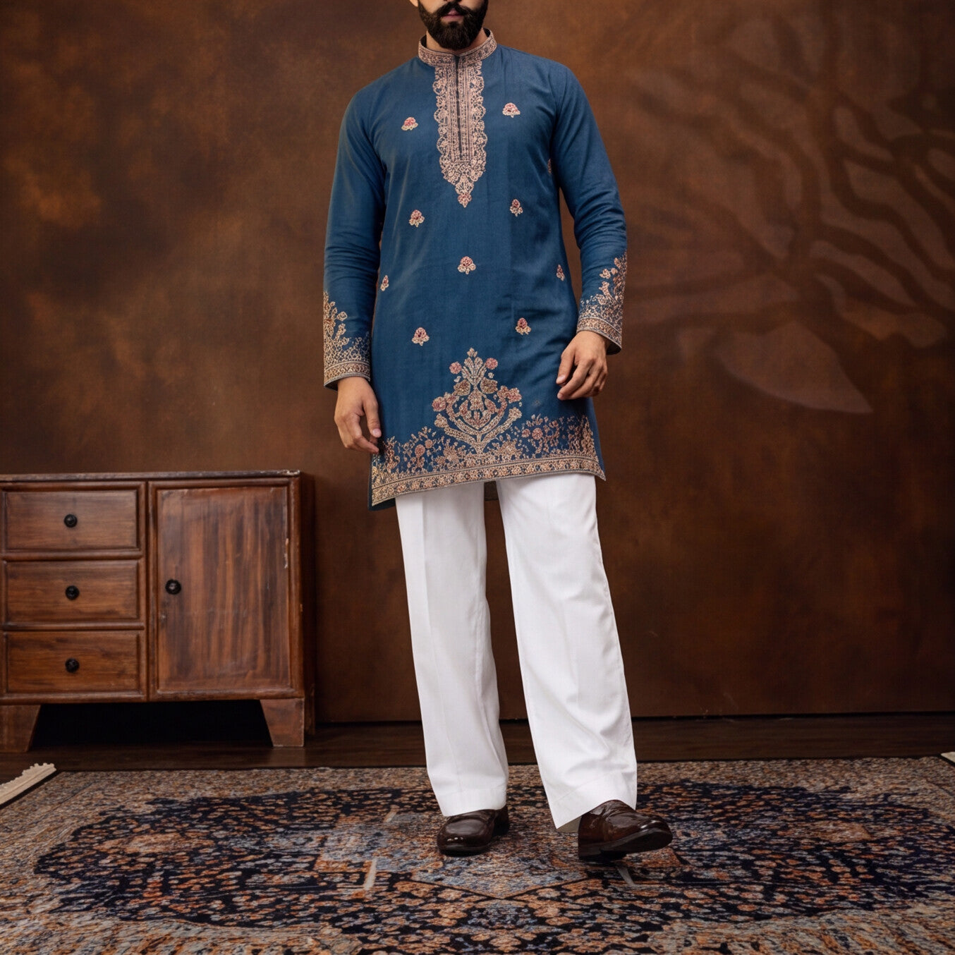 Men's Premium Embroidered Navy Blue Kurta Set