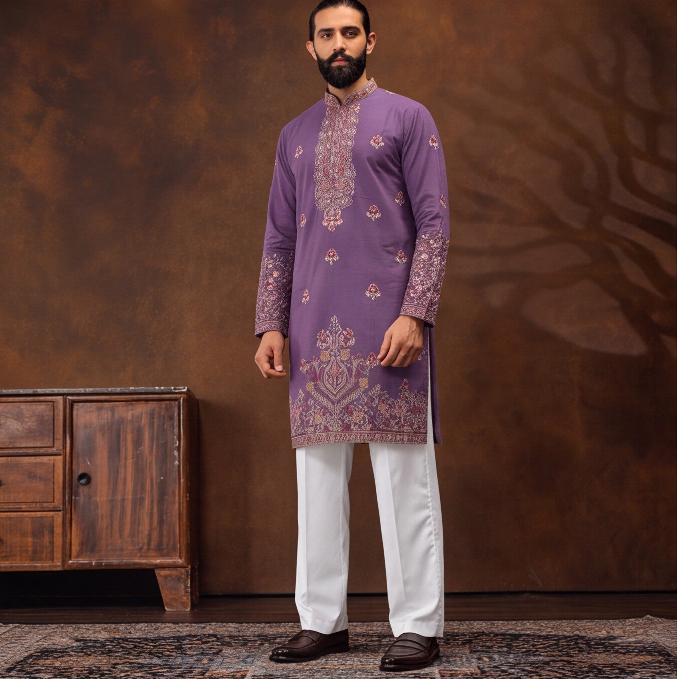 Men's Premium Embroidered Purple Kurta Set