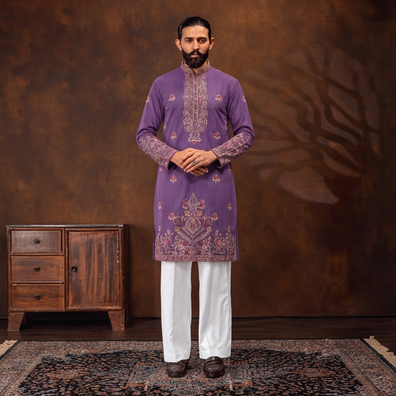 Men's Premium Embroidered Purple Kurta Set