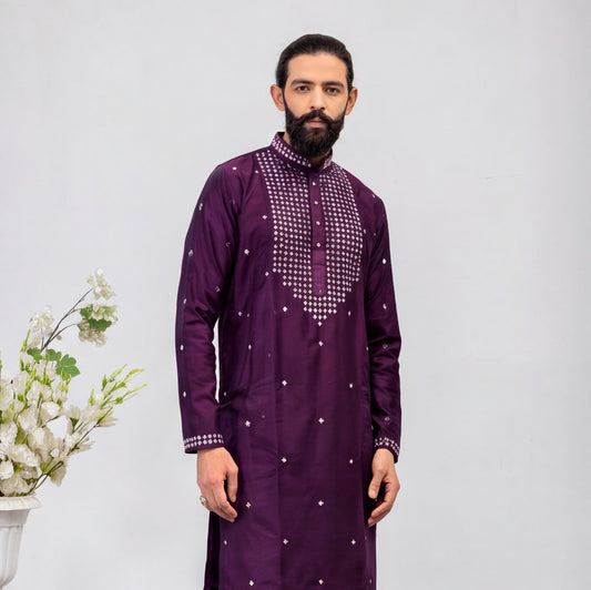 Men's Royal Purple Embroidered Kurta Set