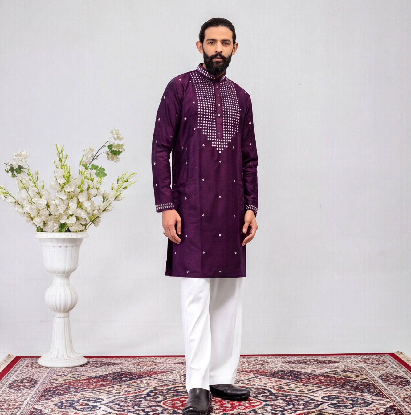 Men's Royal Purple Embroidered Kurta Set