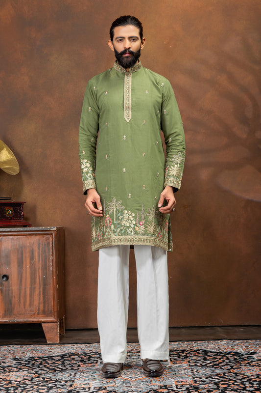 elegant olive green embroidered kurta