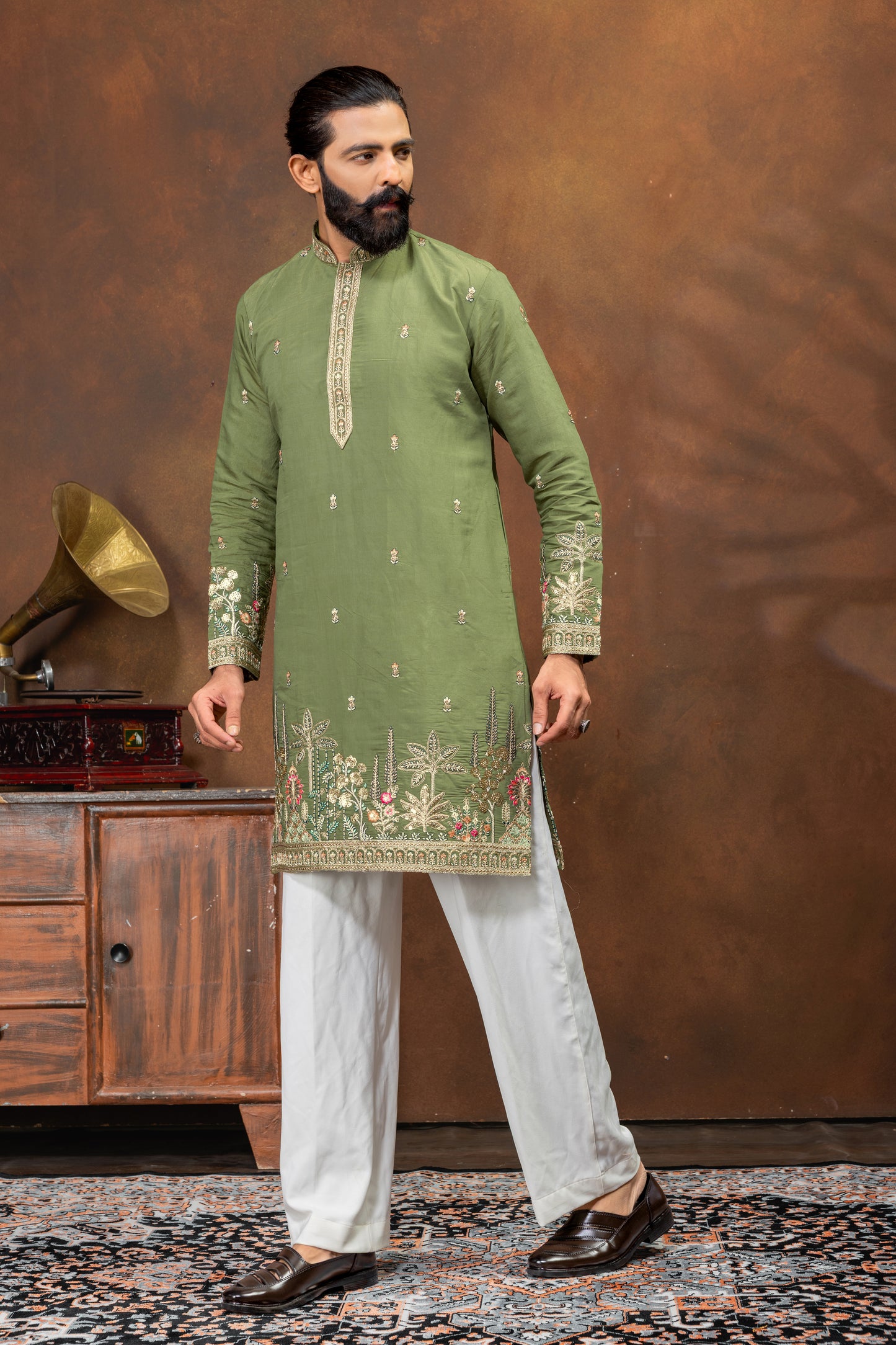 elegant olive green embroidered kurta