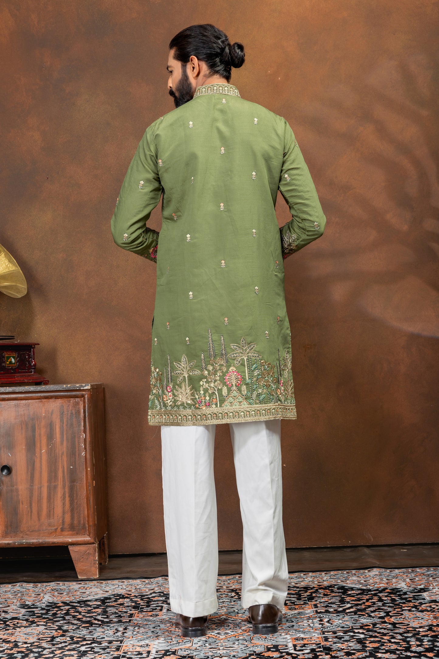 elegant olive green embroidered kurta