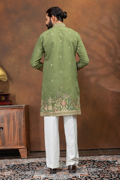 elegant olive green embroidered kurta