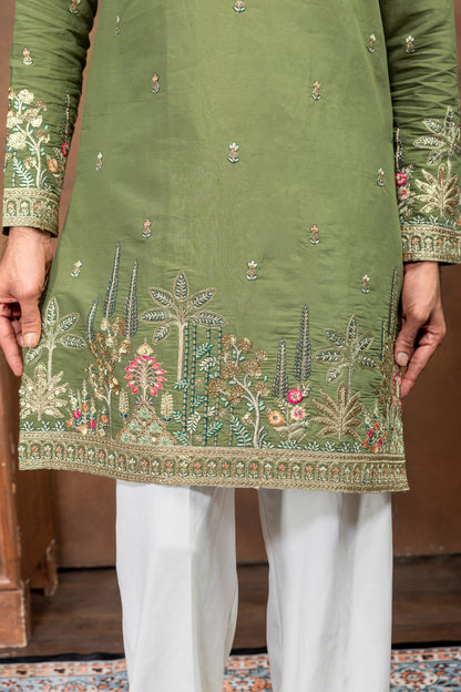 elegant olive green embroidered kurta