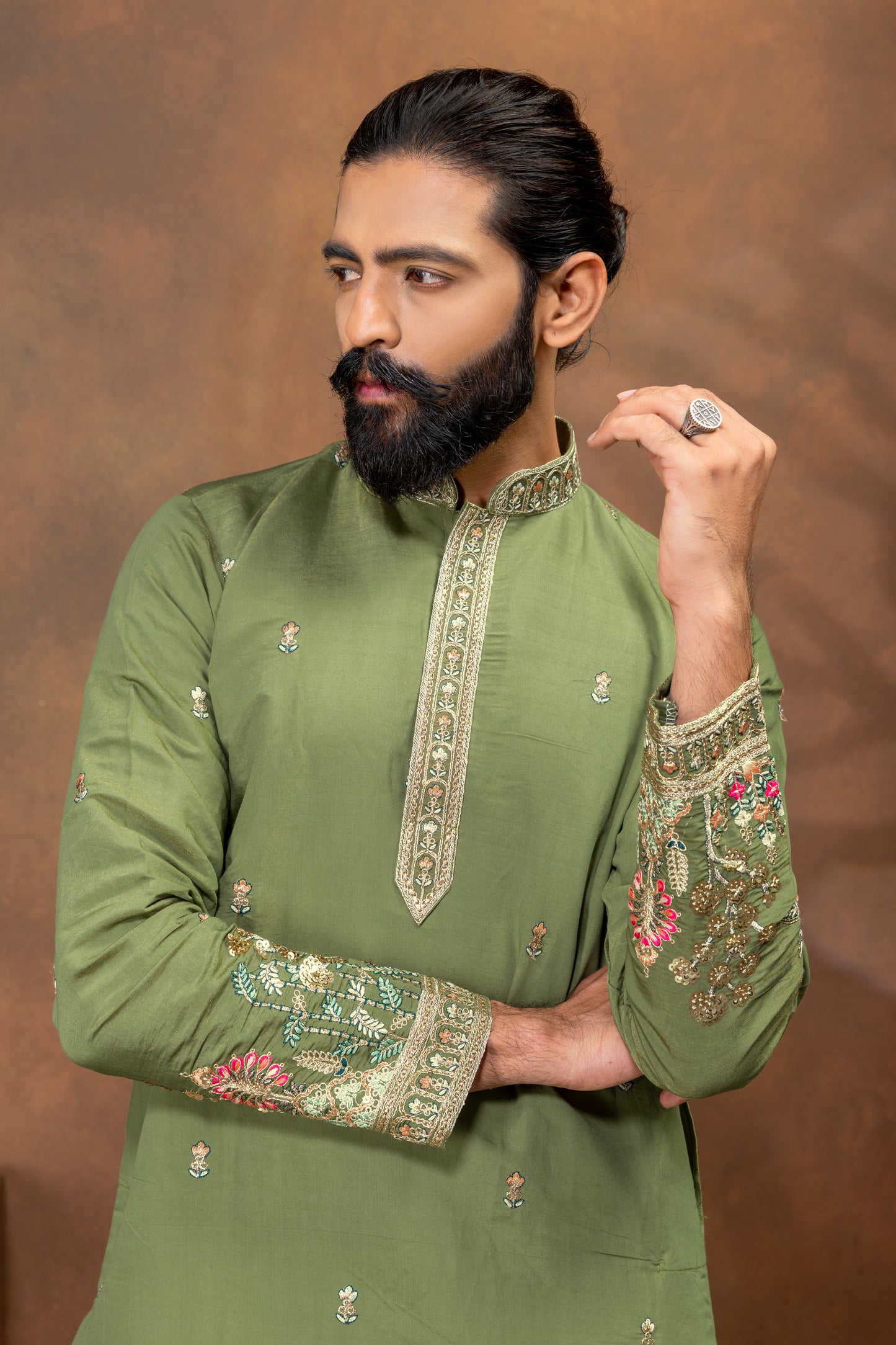 elegant olive green embroidered kurta