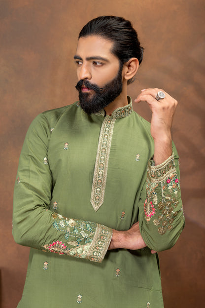 elegant olive green embroidered kurta