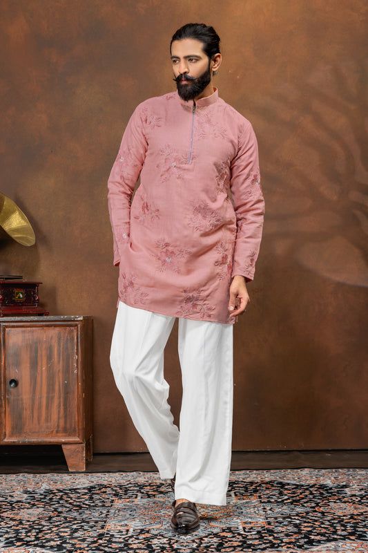 Blush Pink Floral Embroidered Men’s Kurta Set
