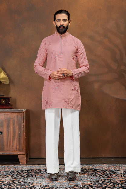 Blush Pink Floral Embroidered Men’s Kurta Set