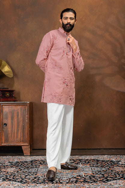 Blush Pink Floral Embroidered Men’s Kurta Set