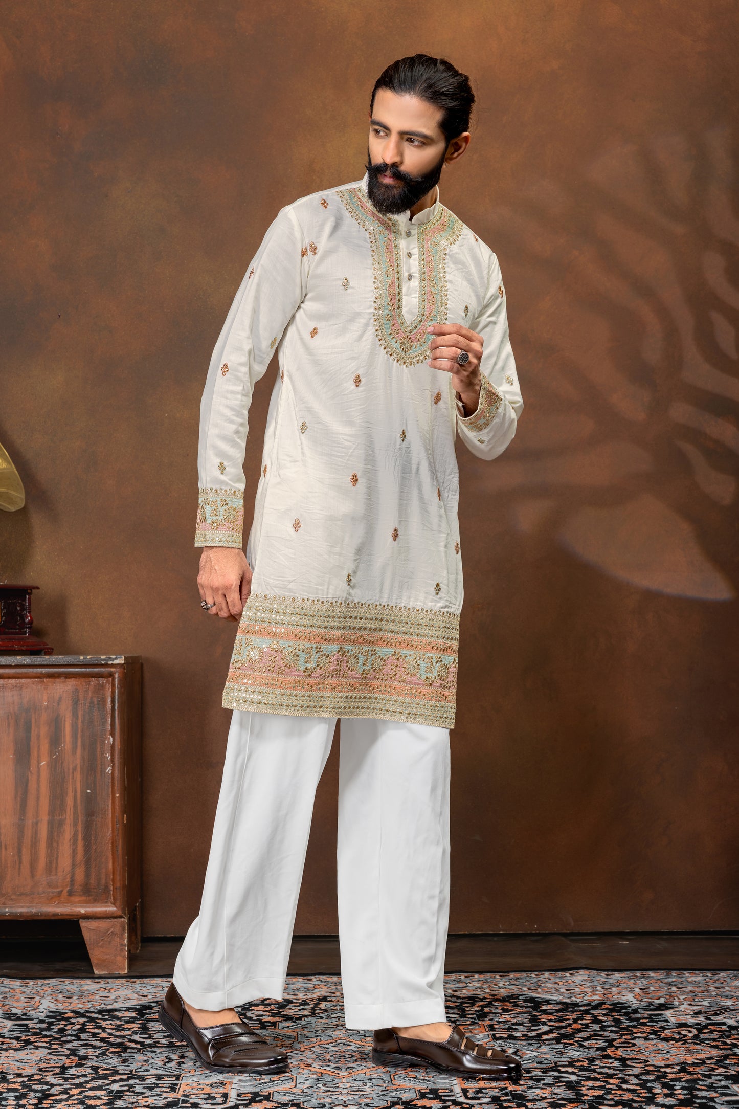 Royal Ivory Embroidered Kurta Pajama Set for Men