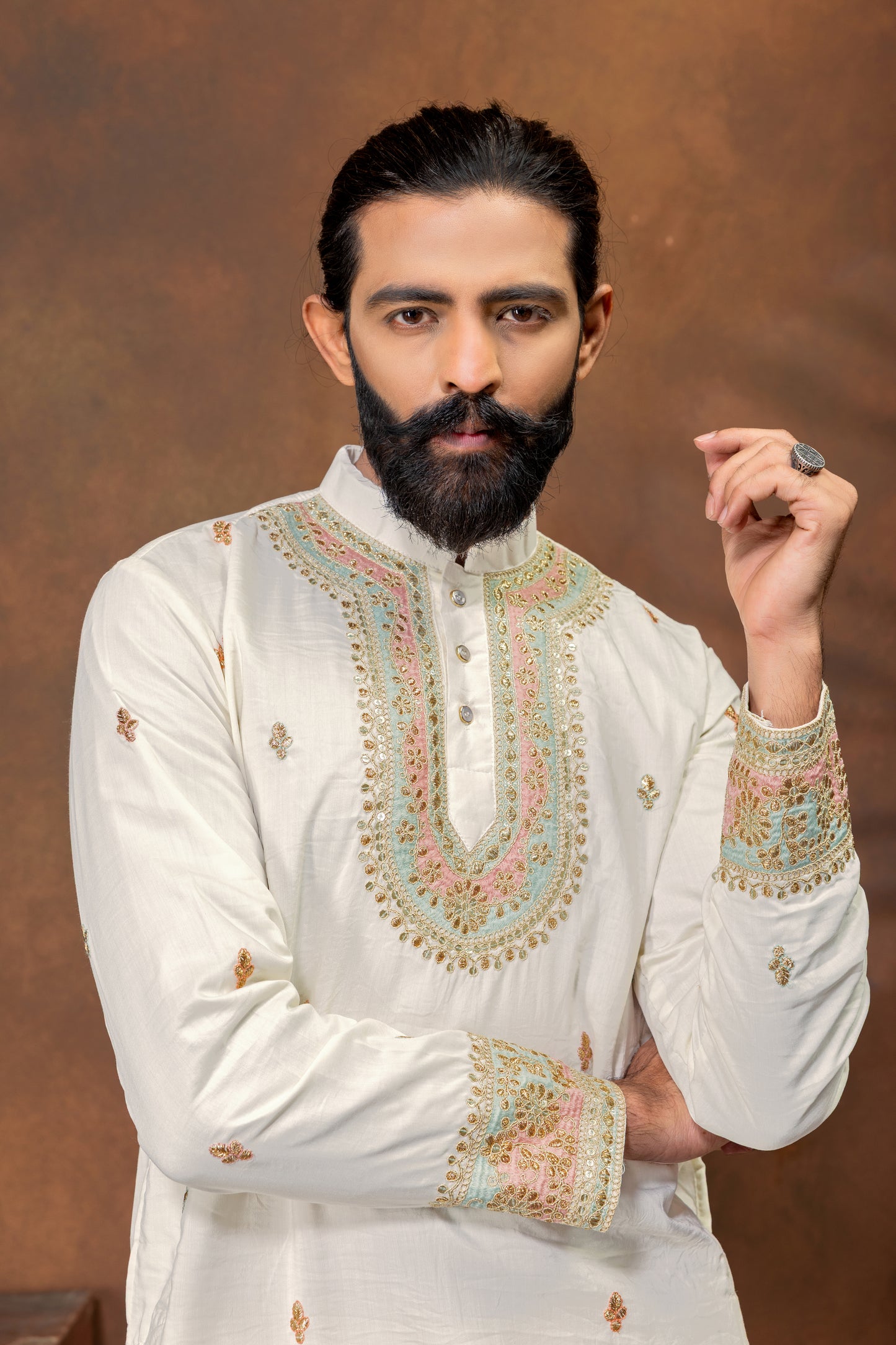 Royal Ivory Embroidered Kurta Pajama Set for Men