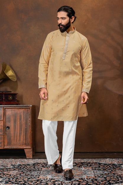 Classic Beige Embroidered Kurta Pajama Set for Men