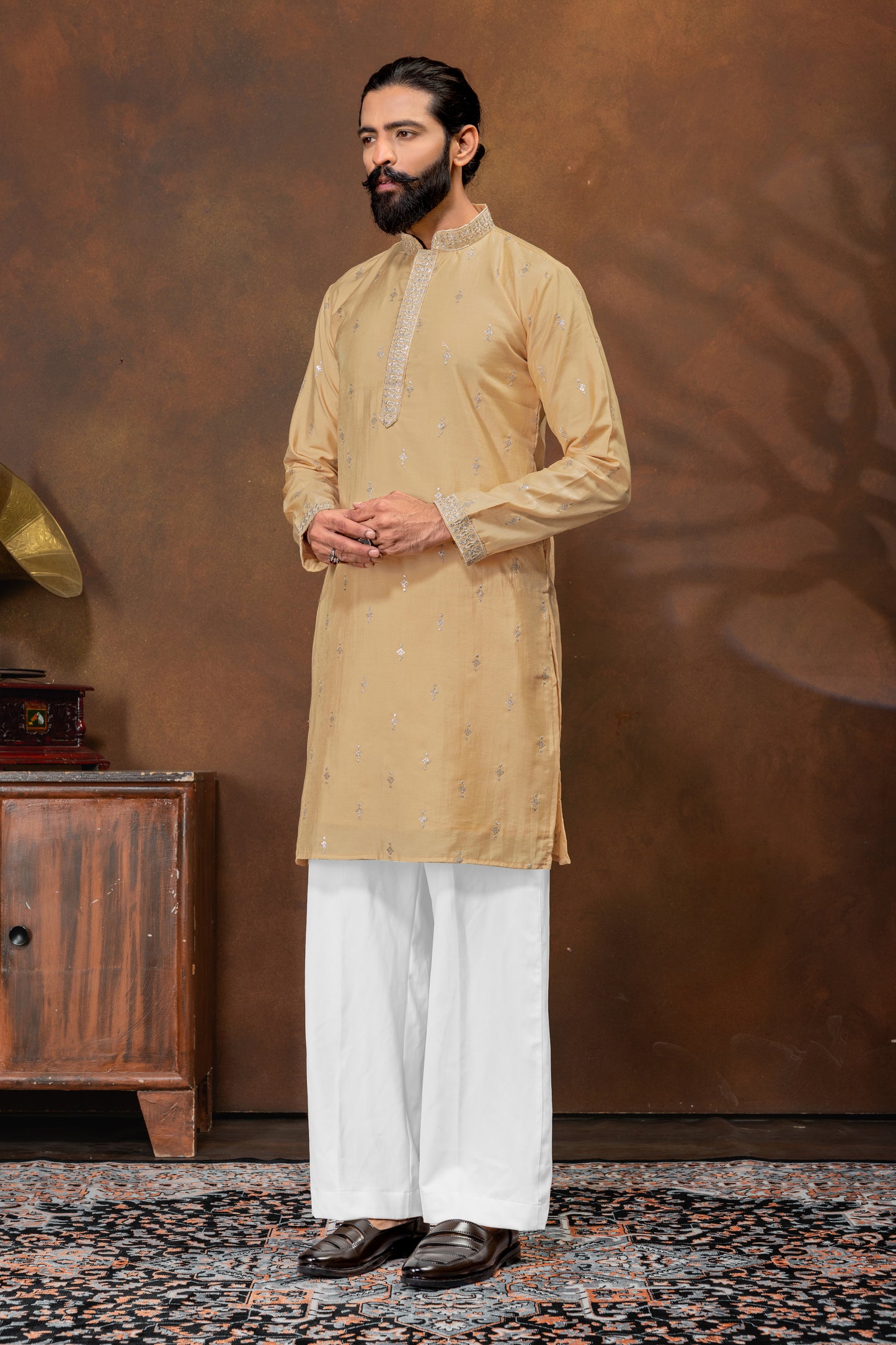 Classic Beige Embroidered Kurta Pajama Set for Men
