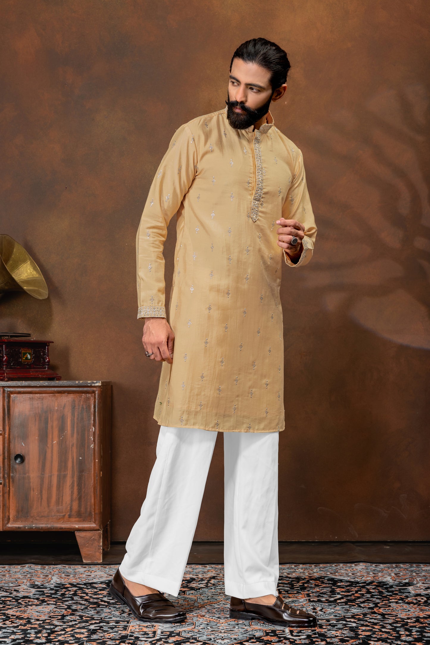 Classic Beige Embroidered Kurta Pajama Set for Men