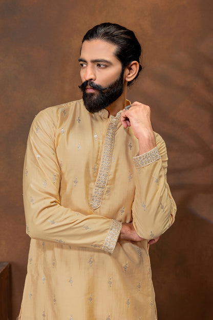 Classic Beige Embroidered Kurta Pajama Set for Men