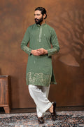 Regal Olive Green Embroidered Kurta Pajama Set for Men
