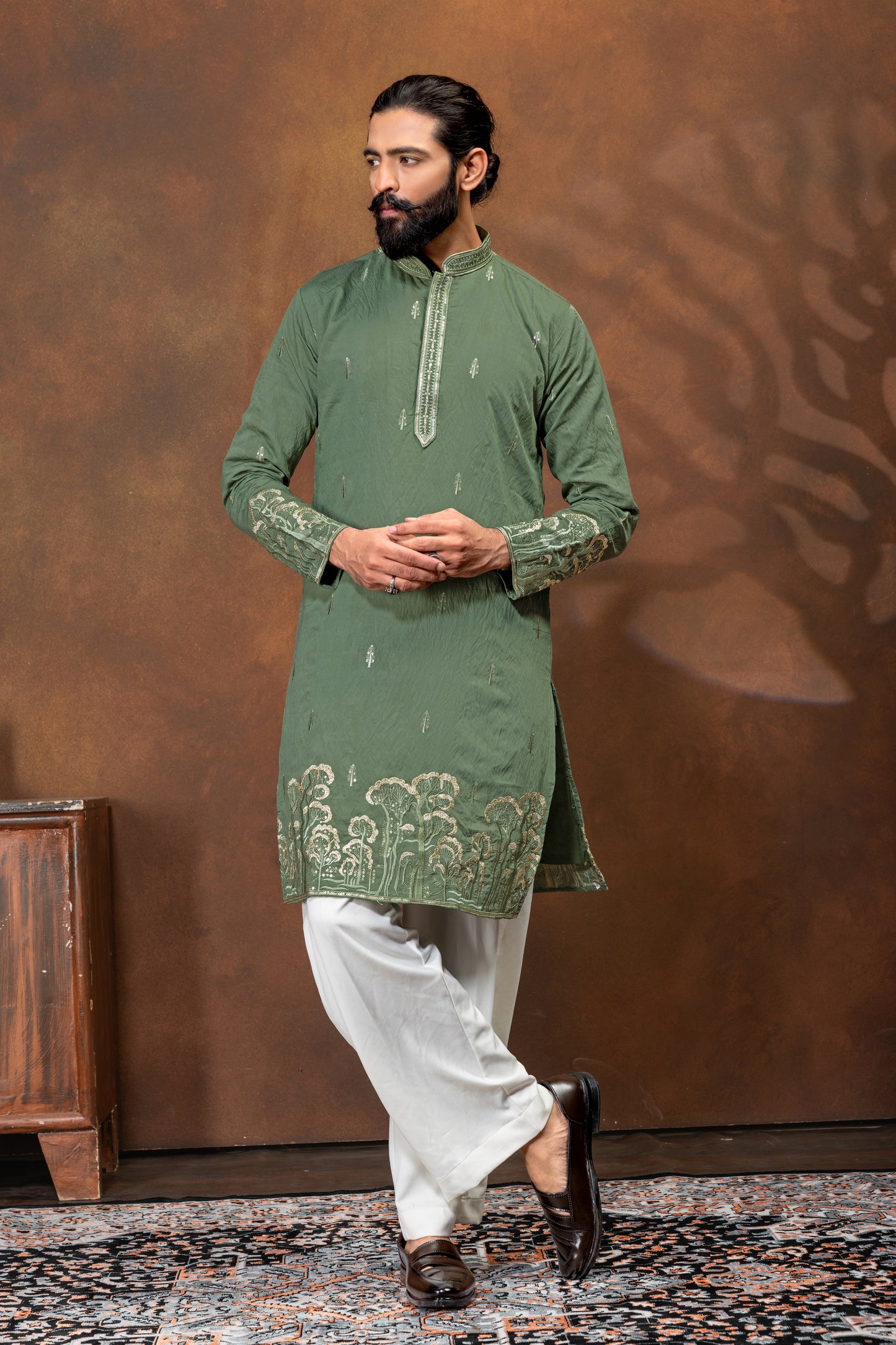 Regal Olive Green Embroidered Kurta Pajama Set for Men