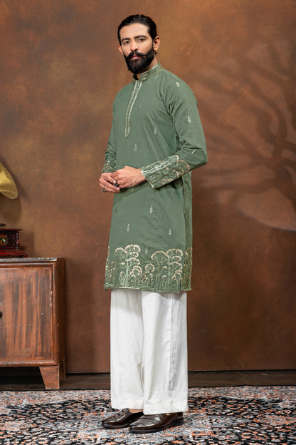 Regal Olive Green Embroidered Kurta Pajama Set for Men