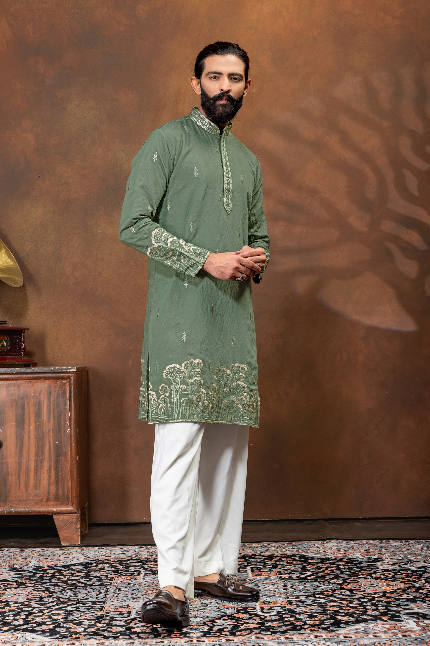 Regal Olive Green Embroidered Kurta Pajama Set for Men
