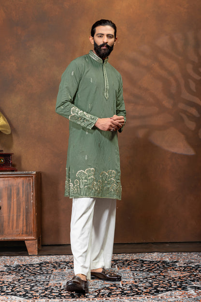 Regal Olive Green Embroidered Kurta Pajama Set for Men