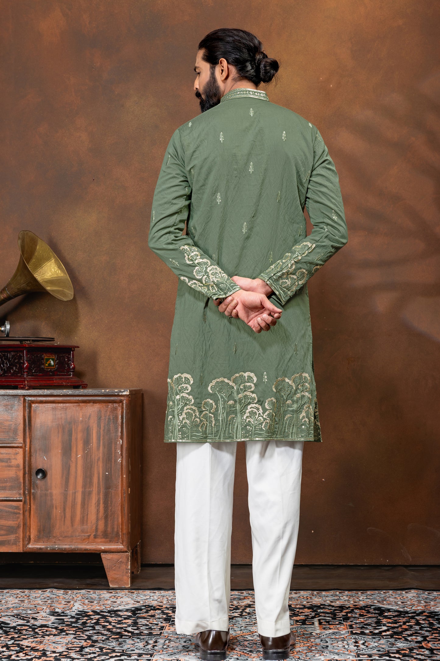 Regal Olive Green Embroidered Kurta Pajama Set for Men