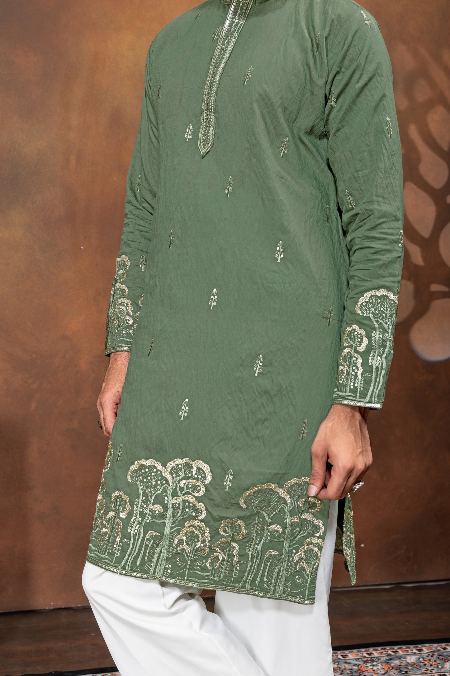 Regal Olive Green Embroidered Kurta Pajama Set for Men