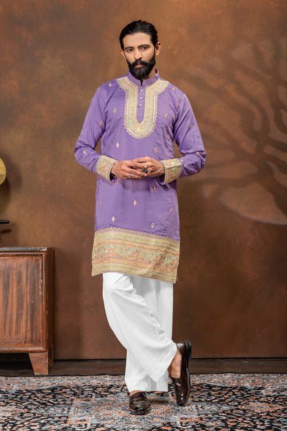 Royal Lavender Embroidered Men’s Kurta Pajama Set