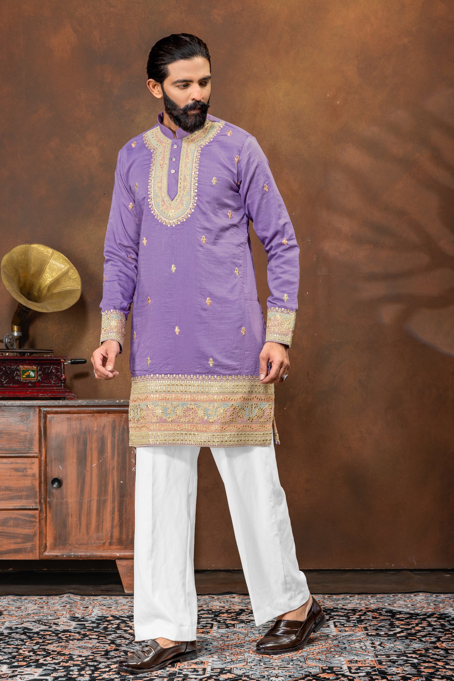 Royal Lavender Embroidered Men’s Kurta Pajama Set